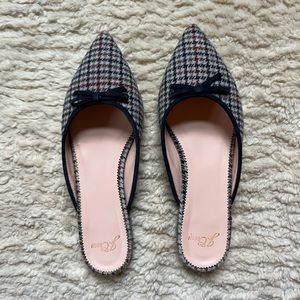 J.Crew Pointed D’Orsay Slides in Navy Wheat Multi Plaid with Bow 7.5